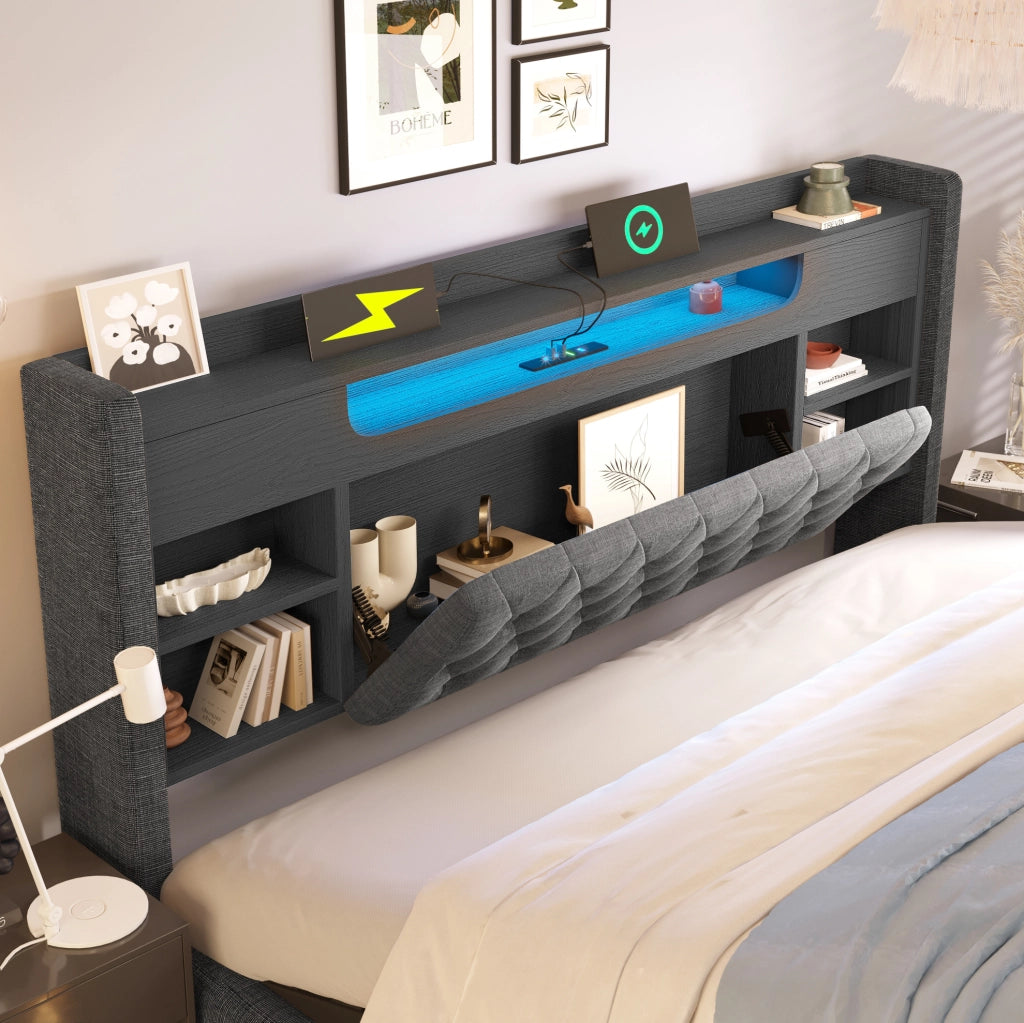 Letto matrimoniale 140x190 cm in tessuto effetto lino grigio con contenitore; LED e porte USB