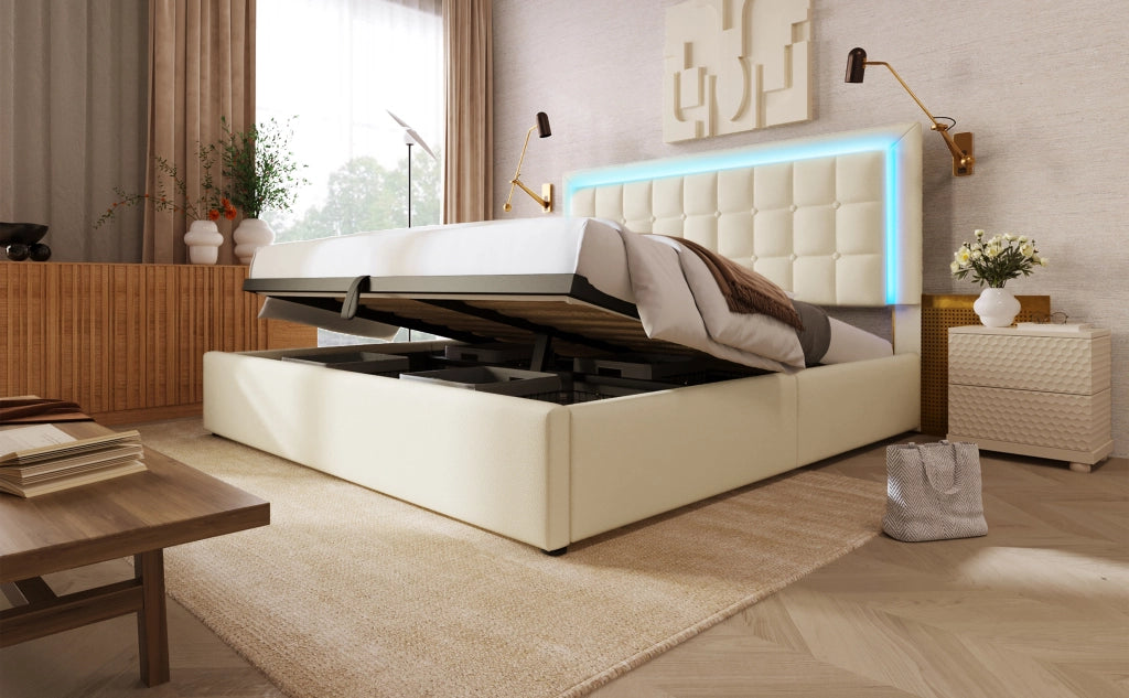 Letto contenitore matrimoniale 140 × 200 cm con illuminazione LED, contenitore idraulico e senza materasso, in PU bianco