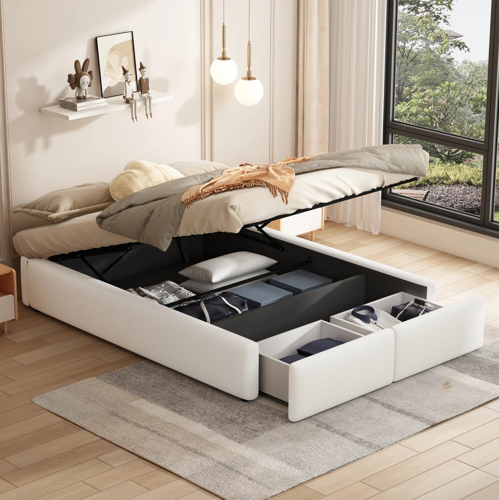 Letto imbottito 140x200 cm con contenitore idraulico e 2 cassetti; lino e MDF bianco