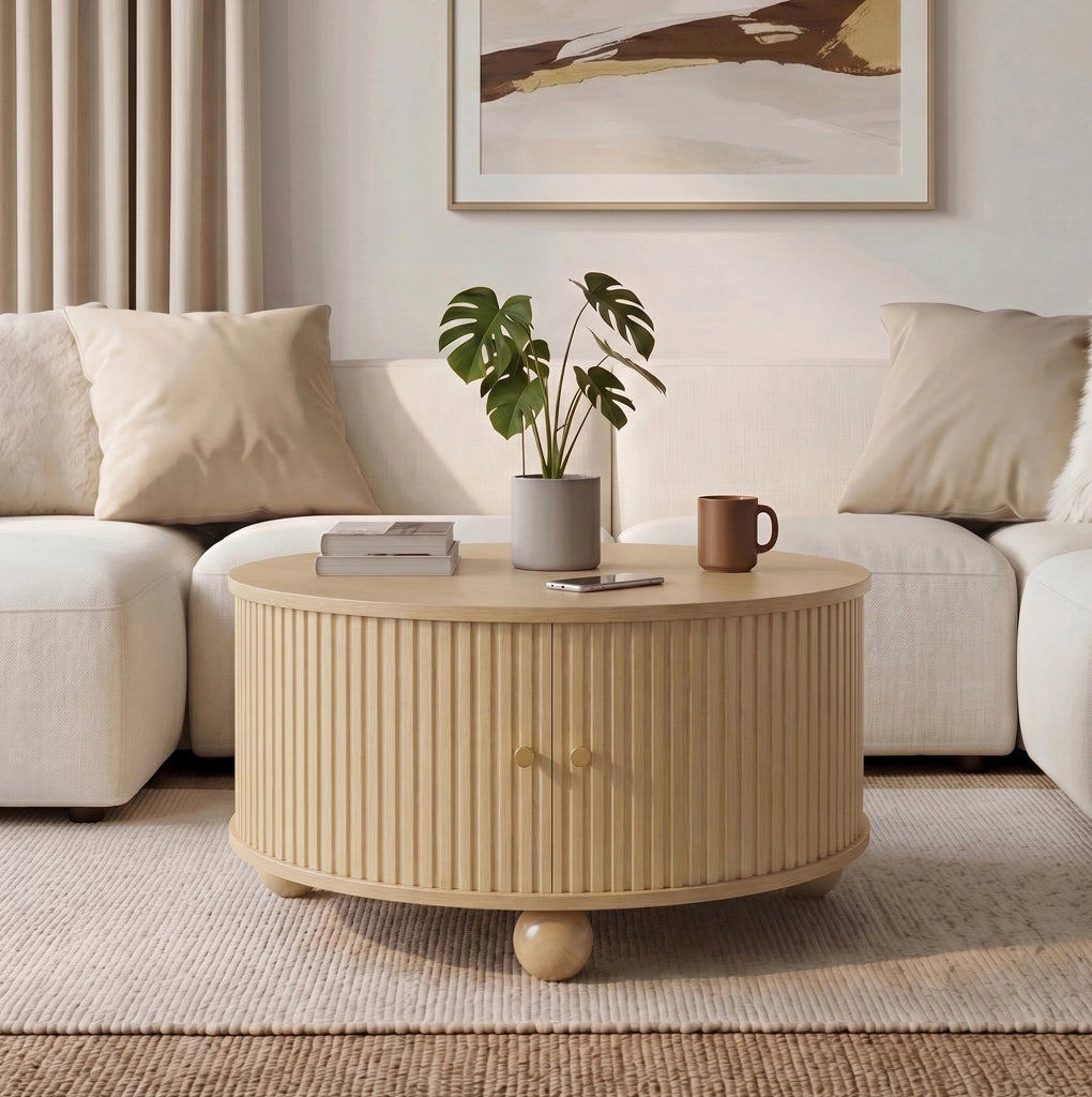 Tavolino da salotto rotondo 72x72x38 cm con due ante scorrevoli in MDF naturale