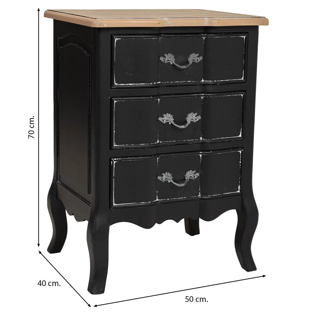 Tavolino in legno laccato nero invecchiato con 3 cassetti 50x40x70