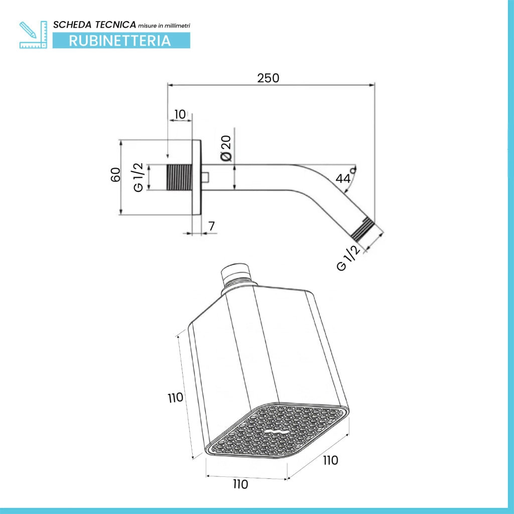 Set doccia cromo con braccio inclinato 25 cm e soffione quadrato in abs