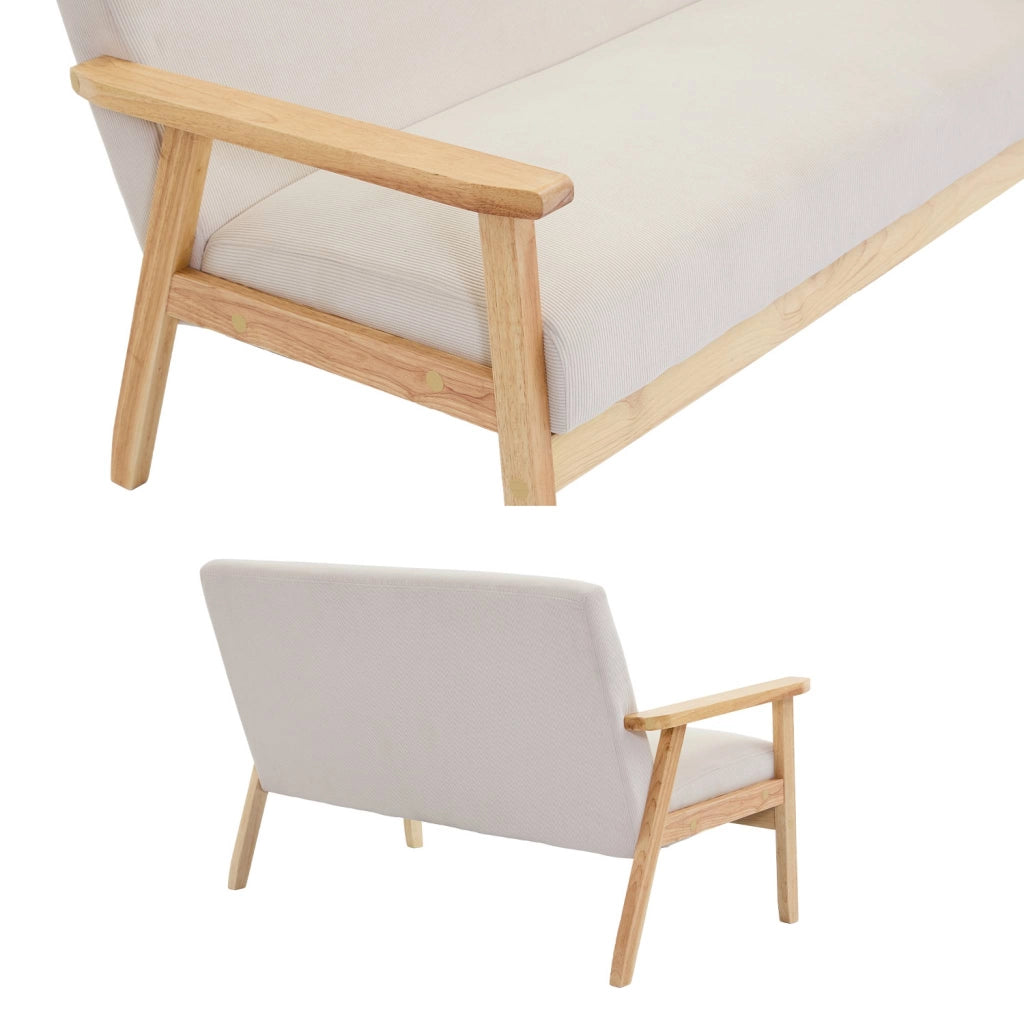 Divano in velluto a coste con gambe in legno, 2 posti, crema