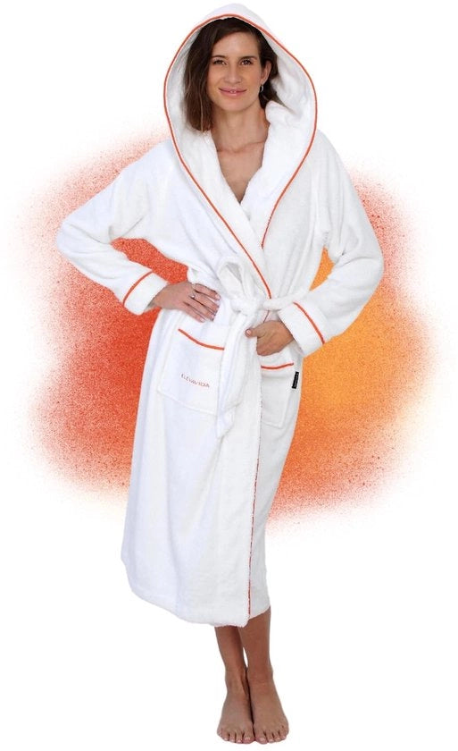 Badia da bagno donna con cappuccio di cotone bianco soffice - extra soffice e comoda - taglia XL - bady da sauna lunga - certificata OEKO-TEX