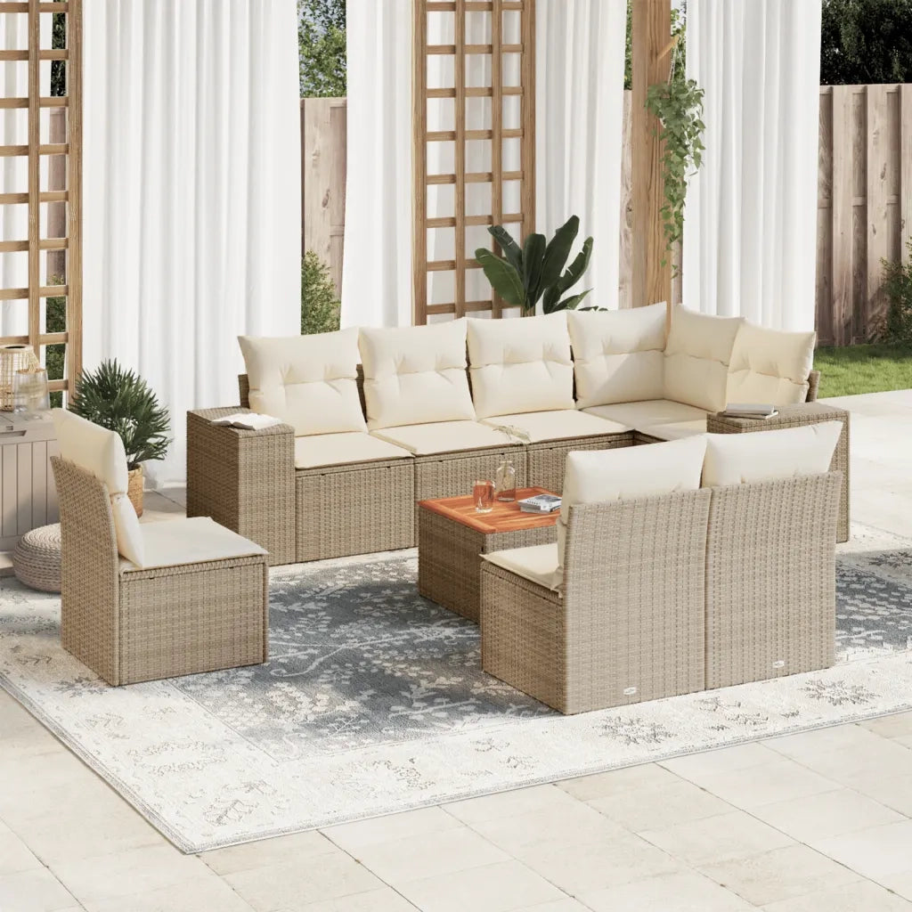 Set Divano da Giardino 9 pz con Cuscini Beige in Polyrattan