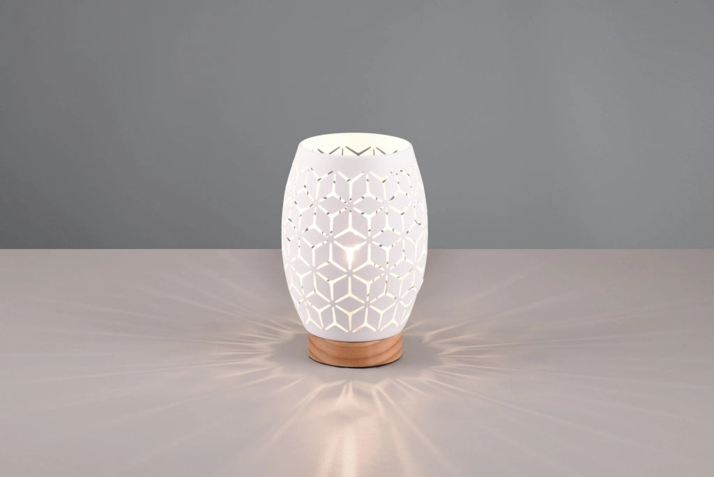 BIDAR LAMPADA DA TAVOLO METALLO BIANCO TAGLIO LASER CON INSERTO IN LEGNO H. 21,5CM 1 LUCE ATTACCO E27