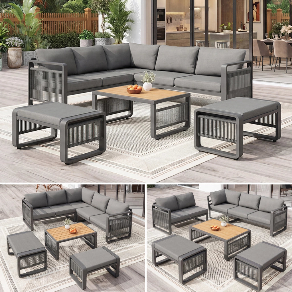 Set poltrona per mobili da giardino set per 6-7 persone divano da giardino in corda intrecciata a mano set d'angolo e poltrona impermeabile in ferro con cuscini morbidi per sedile e schienale gambe regolabili grigio
