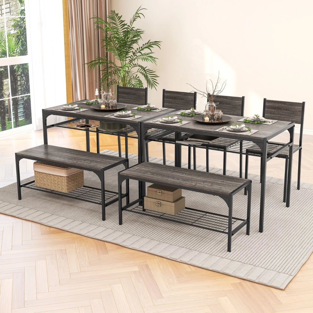 Set da pranzo 4 pezzi con telaio in metallo ripiano portaoggetti-Tavolo da pranzo con 2 sedie panca per 4 persone Grigio scuro