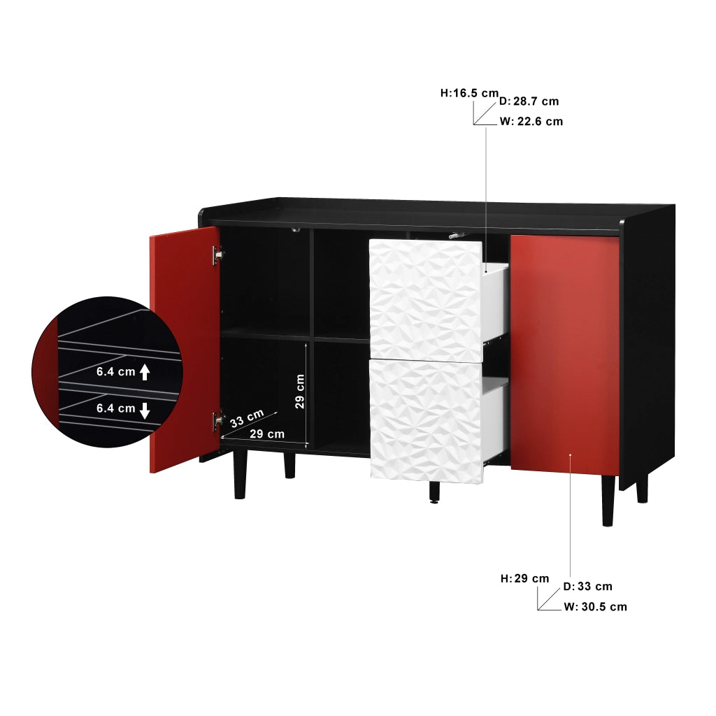 Sideboard Buffet Nero con Ante Rosse, 2 Cassetti e 2 Scomparti Aperti, Mobile Moderno per Cucina o Bar Caffè