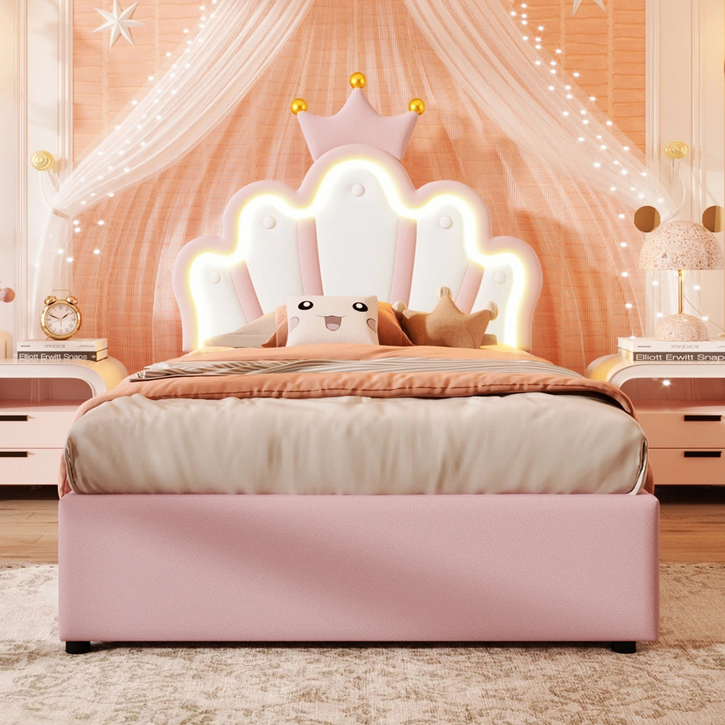 Letto imbottito 90x200 cm in PU rosa, con LED, testiera regolabile e contenitore idraulico, senza materasso
