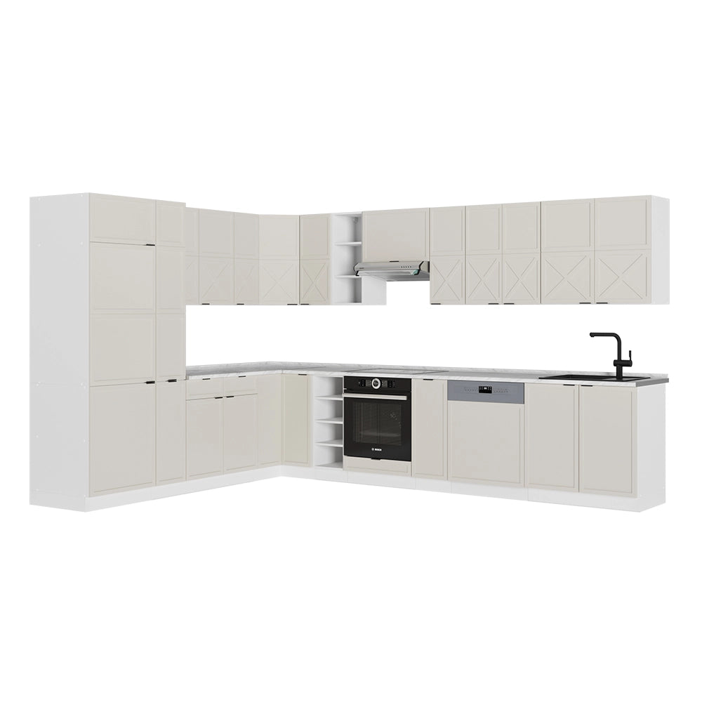 Cucina angolare completa Fame-Line GrigioBeige/Bianco 347 x 60 cm, PL Marmo Vicco