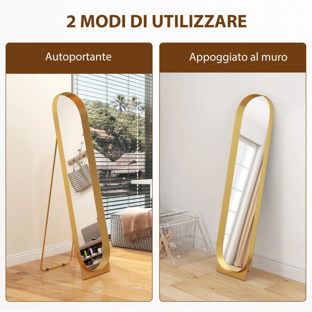 Specchio a Figura Intera Autoportante o da Parete 40x6x150 cm con Telaio in Metallo Oro