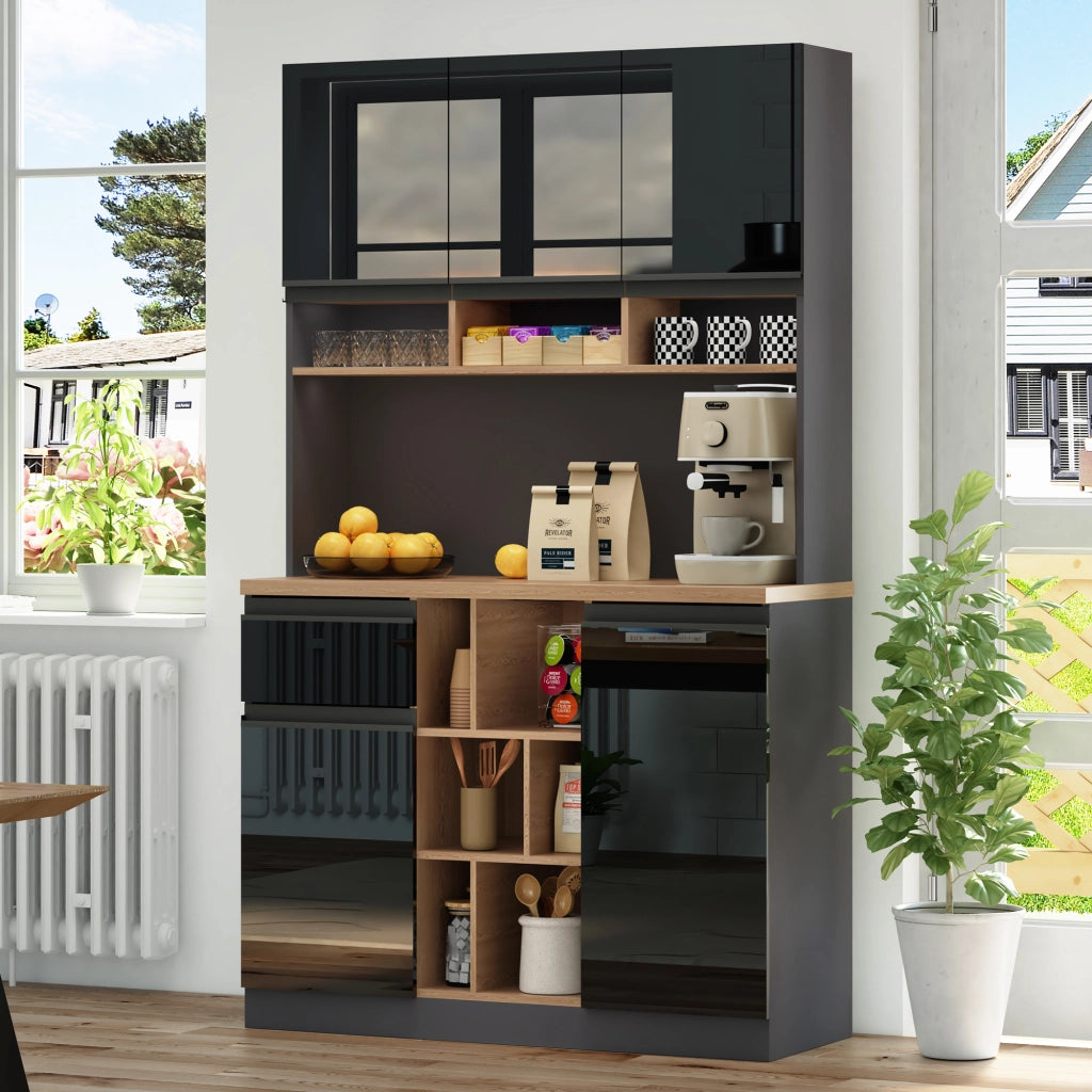 Credenza alta con ante, cassetto e vani aperti, per cucina moderna, in MDF nero naturale, 105 × 45 × 185 cm