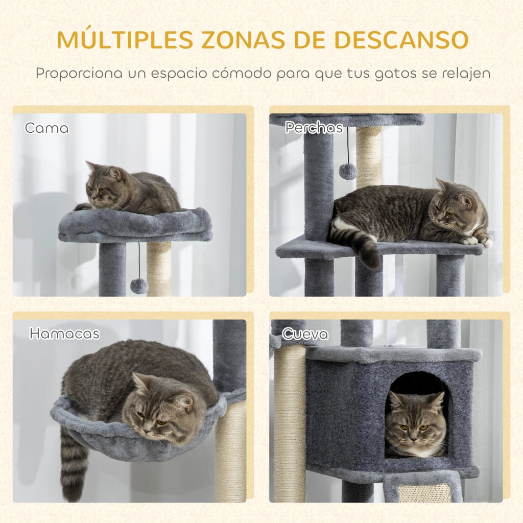 Albero tiragraffi per gatti con cuccia, amaca e piattaforme ¨C zephmum ¨C 127 cm grigio