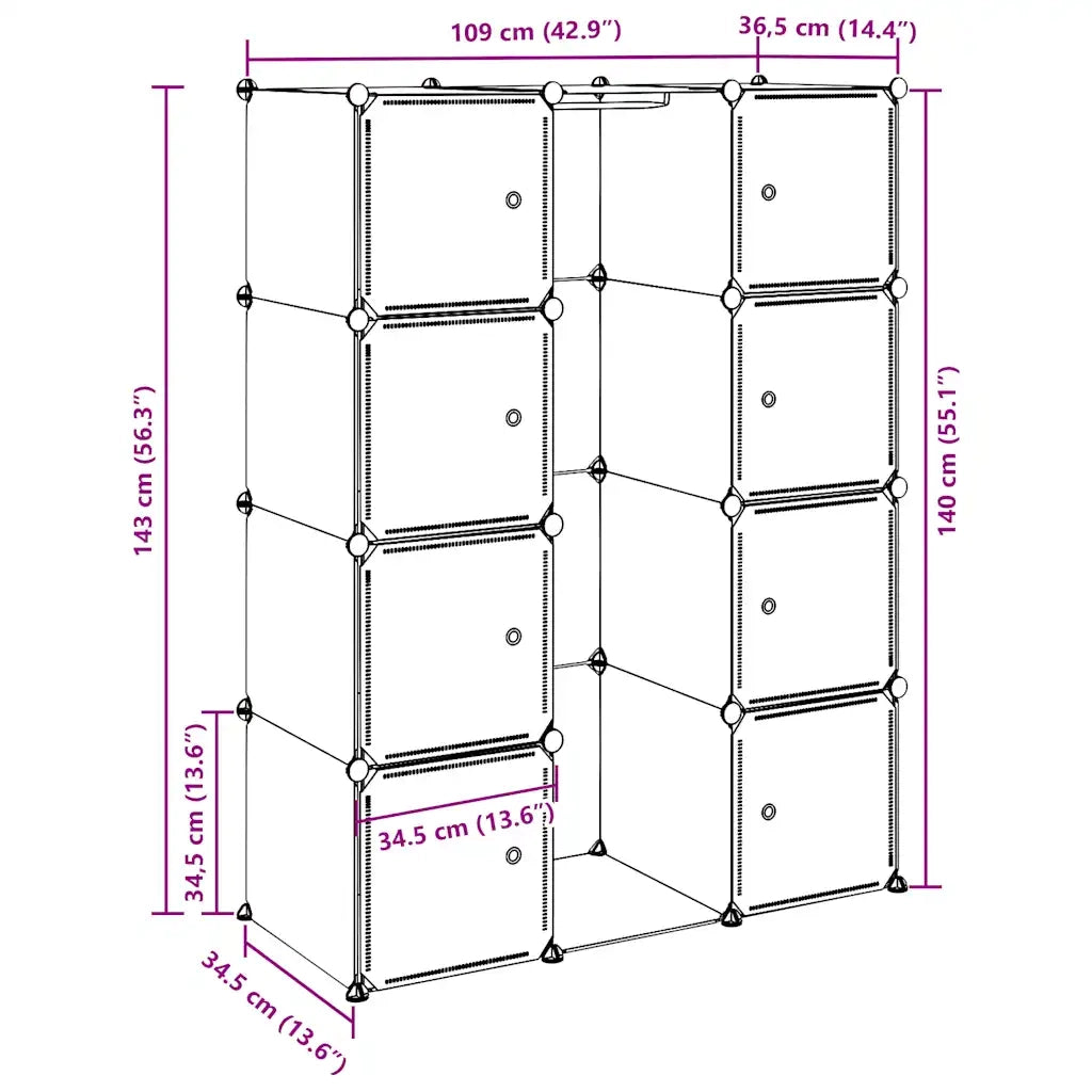 Armadio Modulare con 9 Scomparti 109x36,5x143 cm Bianco CFW1744843