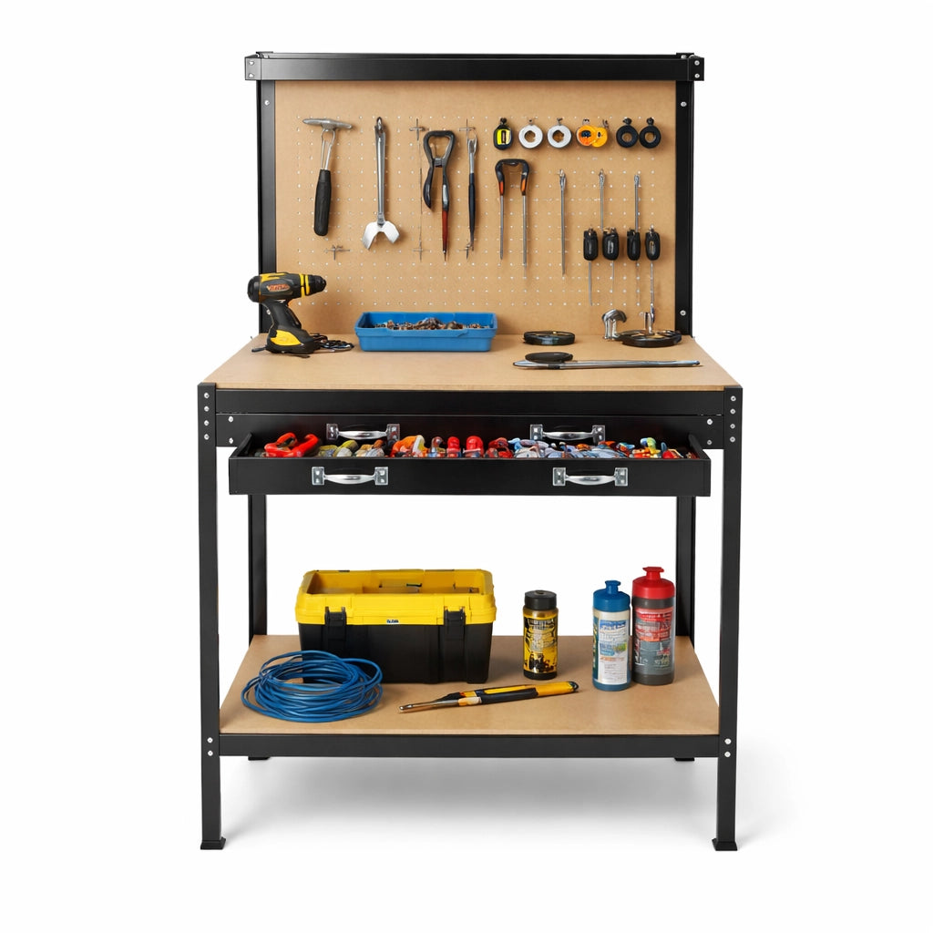 Banco Lavoro Officina Porta Utensili con Cassetto Metallo Verniciato 90x48 H 140cm