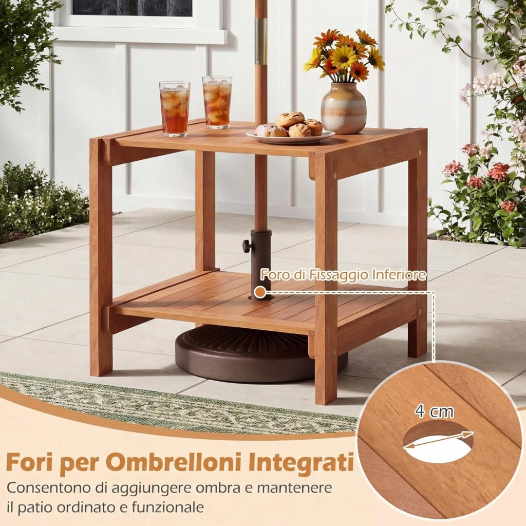 Tavolino da Esterno con Foro per Ombrellone 4 cm, Tavolo da Balcone in Legno Massello, a 2 Ripiani, Salvasapzio, per Giardino, Terrazzo, Cortile, Portata 40 kg, 51 x 48 x 45 cm