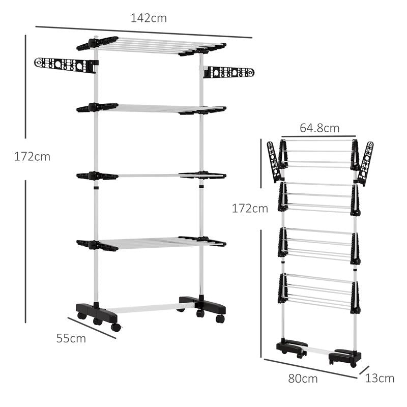 STENDINO VERTICALE CON 4 RIPIANI REGOLABILI, IN ACCIAIO E PLASTICA, 142X55X172 CM, NERO E ARGENTO