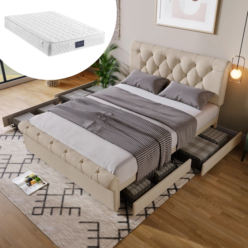 LETTO Contenitore 140x200 cm Natural con 4 cassetti e materasso incluso