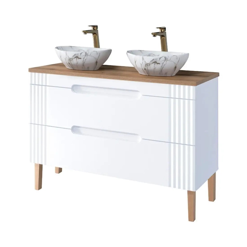 Set FIDJI: mobile sottolavabo 120cm + piano per lavabo + 2 lavabi da appoggio asimmetrici effetto marmo + piedi