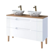 Set FIDJI: mobile sottolavabo 120cm + piano per lavabo + 2 lavabi da appoggio asimmetrici effetto marmo + piedi