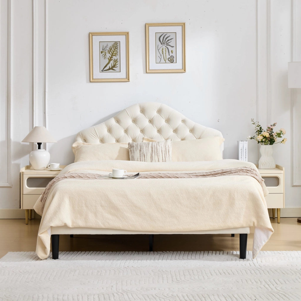 Letto imbottito in velluto beige dimensioni 140x200 cm