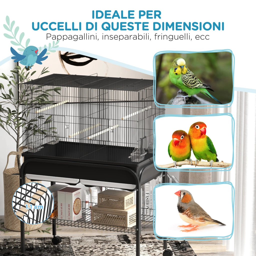 Voliera Gabbia per Uccelli da Interno 85x49x119 cm con Vassoio Ripiano e Ruote con Freno Nero
