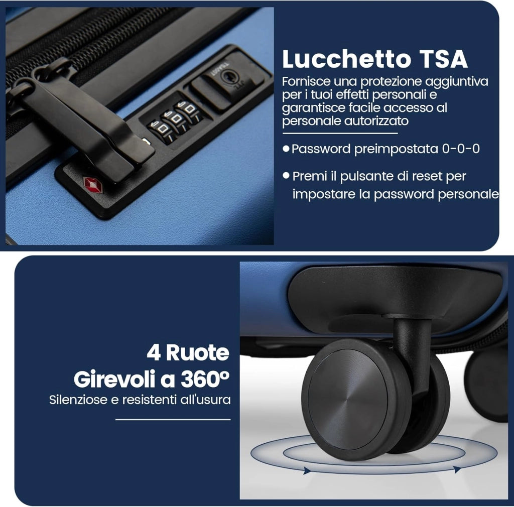 Valigia Bagaglio a Mano 20" con Tasca Frontale, Porta USB, Trolley Bagaglio a Mano con Serratura, Ruote Girevoli, Manico Regolabile (Senza Beauty + Blu Scuro)
