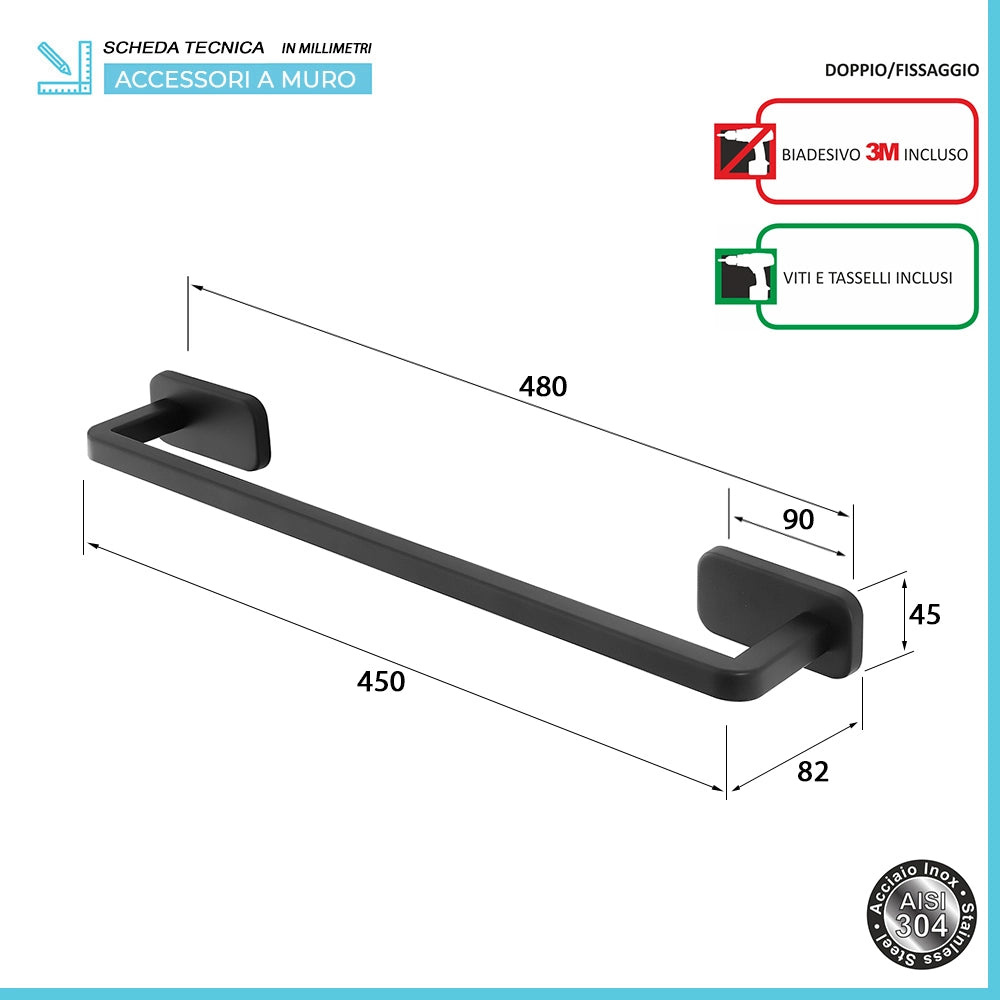 Set 4pz con appendino, porta rotolo e 2 porta salviette a muro in acciaio nero Cubik