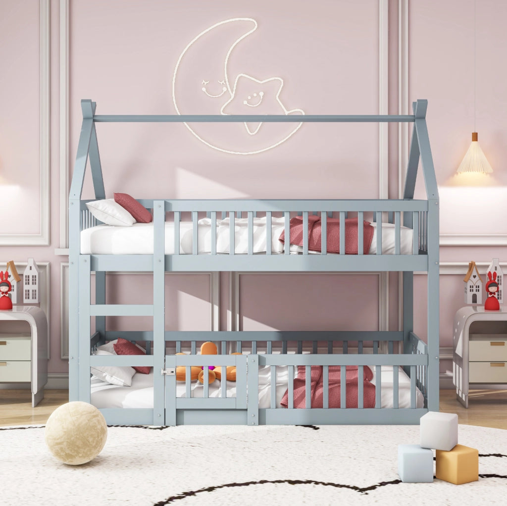 Letto a castello per bambini 90x200 cm con scala; in legno; grigio