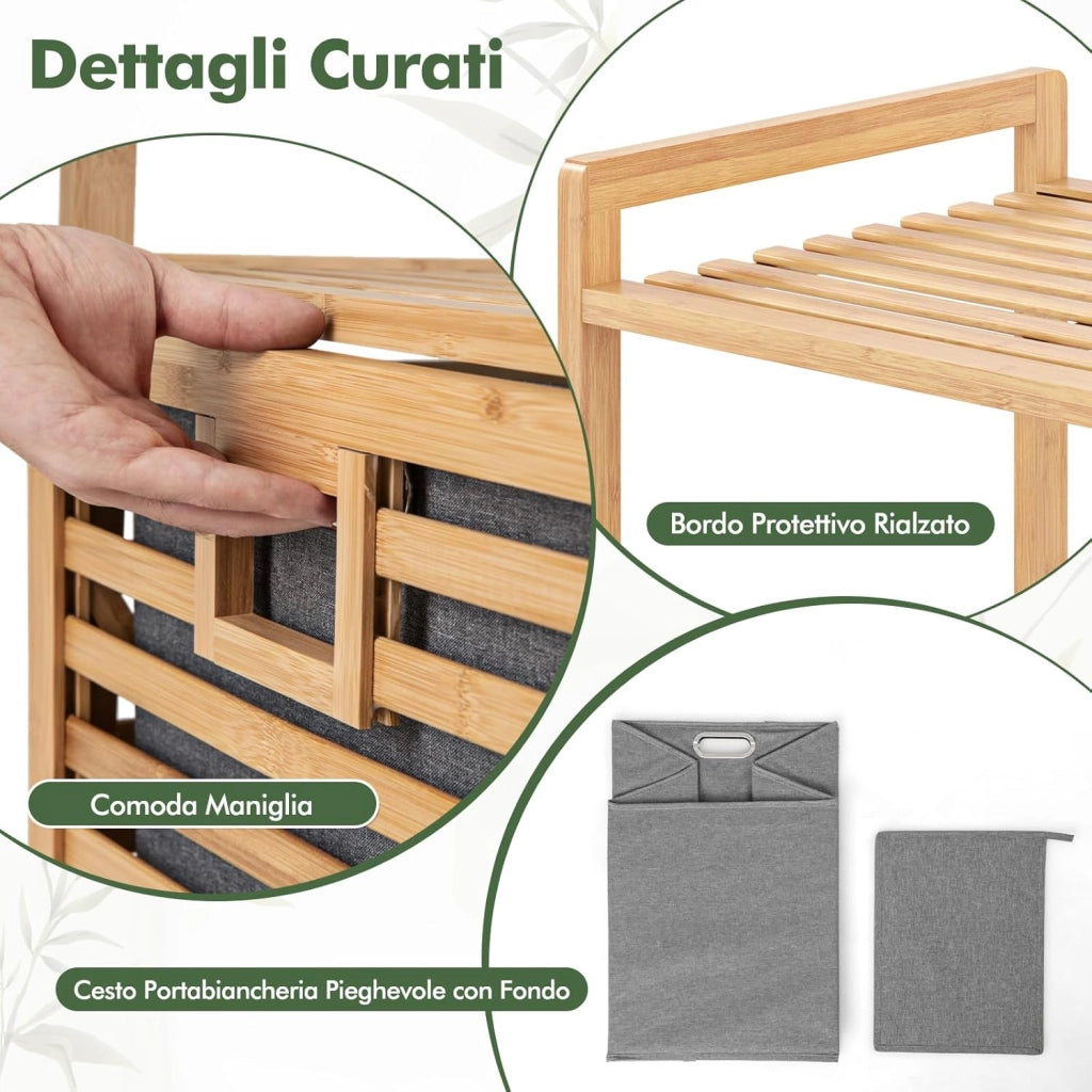 Mobiletto con Portabiancheria a 2 Ripiani da Bagno a Ribalta, Cesto per Bucato in Bambù da 43L, Cesto per Lavanderia Sporca in Tessuto Pieghevole, 43,5 x 33 x 96 cm, Naturale