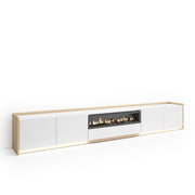 Mobile TV Soggiorno, 310x50x37 cm, Per TV fino a 80", Camino elettrico, LED, Bianco e Rovere soft