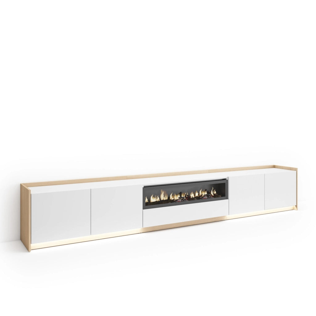 Mobile TV Soggiorno, 310x50x37 cm, Per TV fino a 80", Camino elettrico, LED, Bianco e Rovere soft