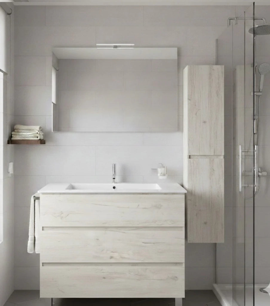 Mobile Bagno BALDER Già Montato 3 cassetti con piedini, lavabo e specchio Bianco nordico 100x45 cm con colonna