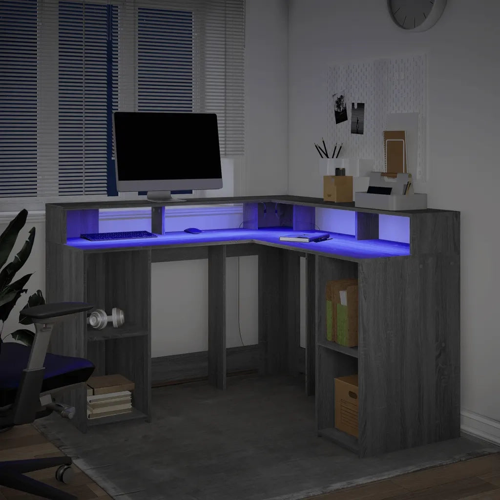 Scrivania con Luci LED Grigio Sonoma 130x130x91cm in Truciolato 3309452