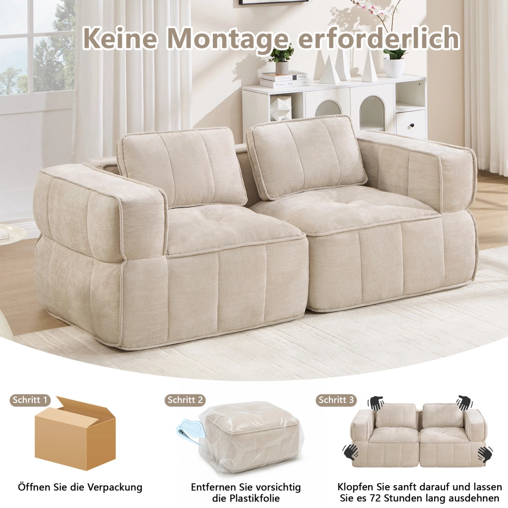 Divano modulare 2 posti con seduta profonda design senza telaio e braccioli ampi in poliestere beige 198 × 93 × 67 cm