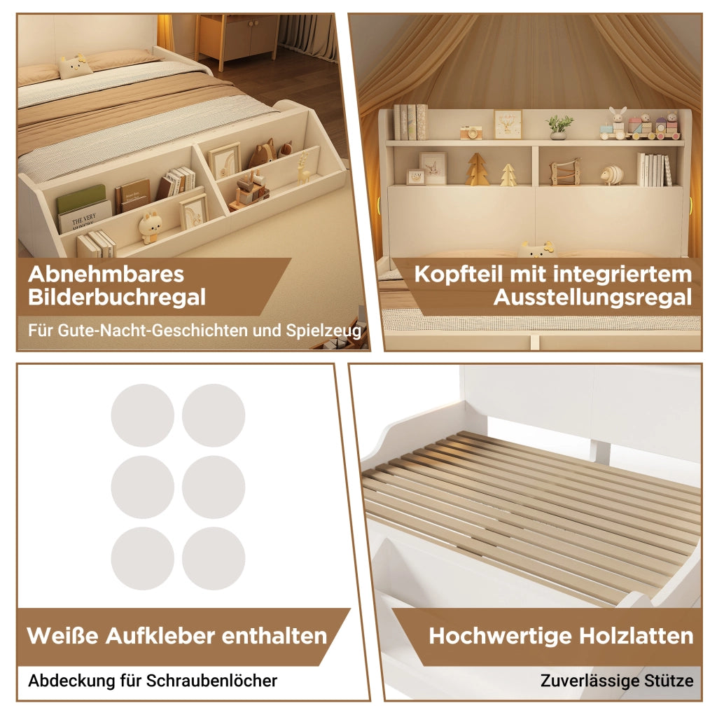 Letto in legno bianco con luci notturne e libreria removibile