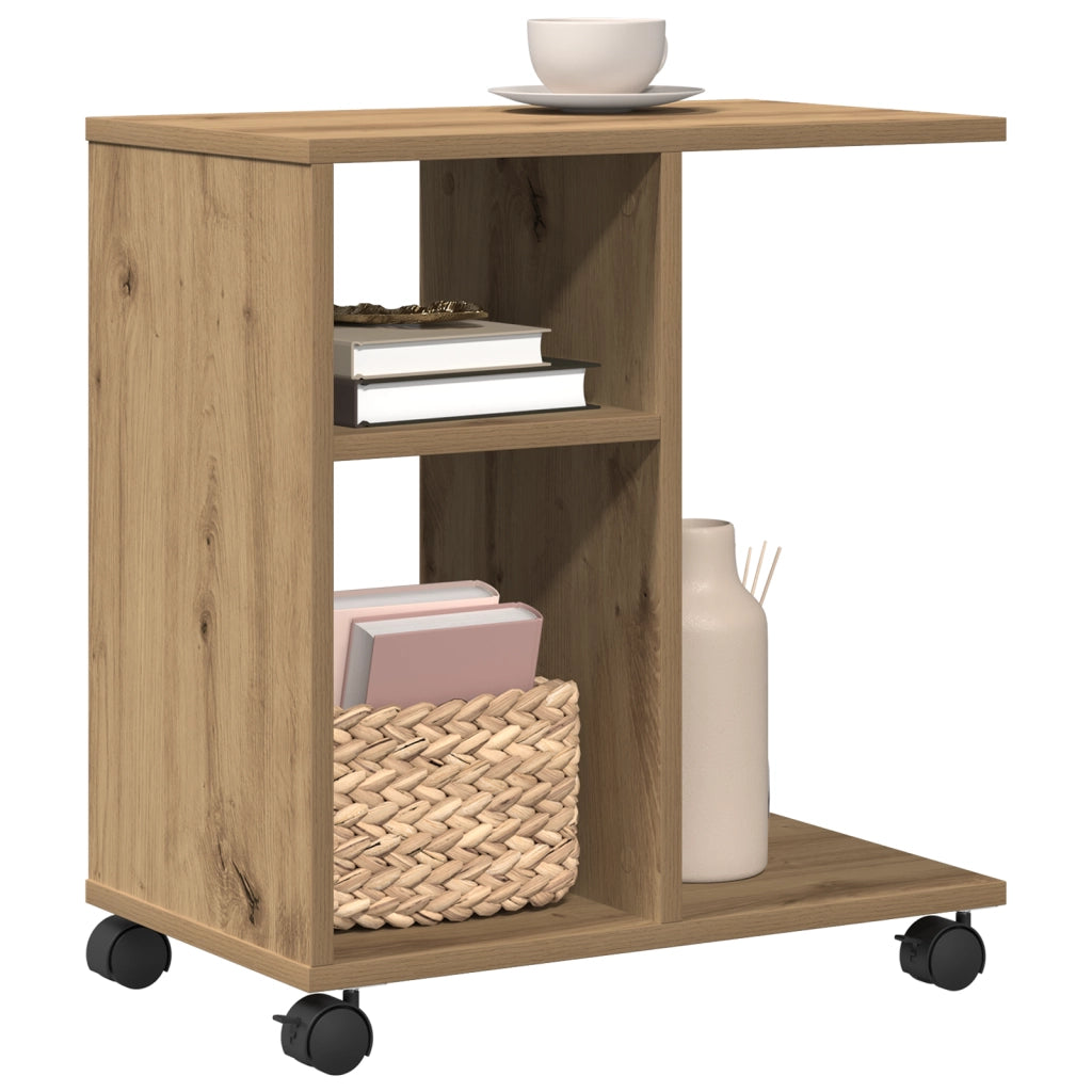 Tavolino con Ruote Rovere Artigianale 50x30x55 cm in Legno Ingenerizzato