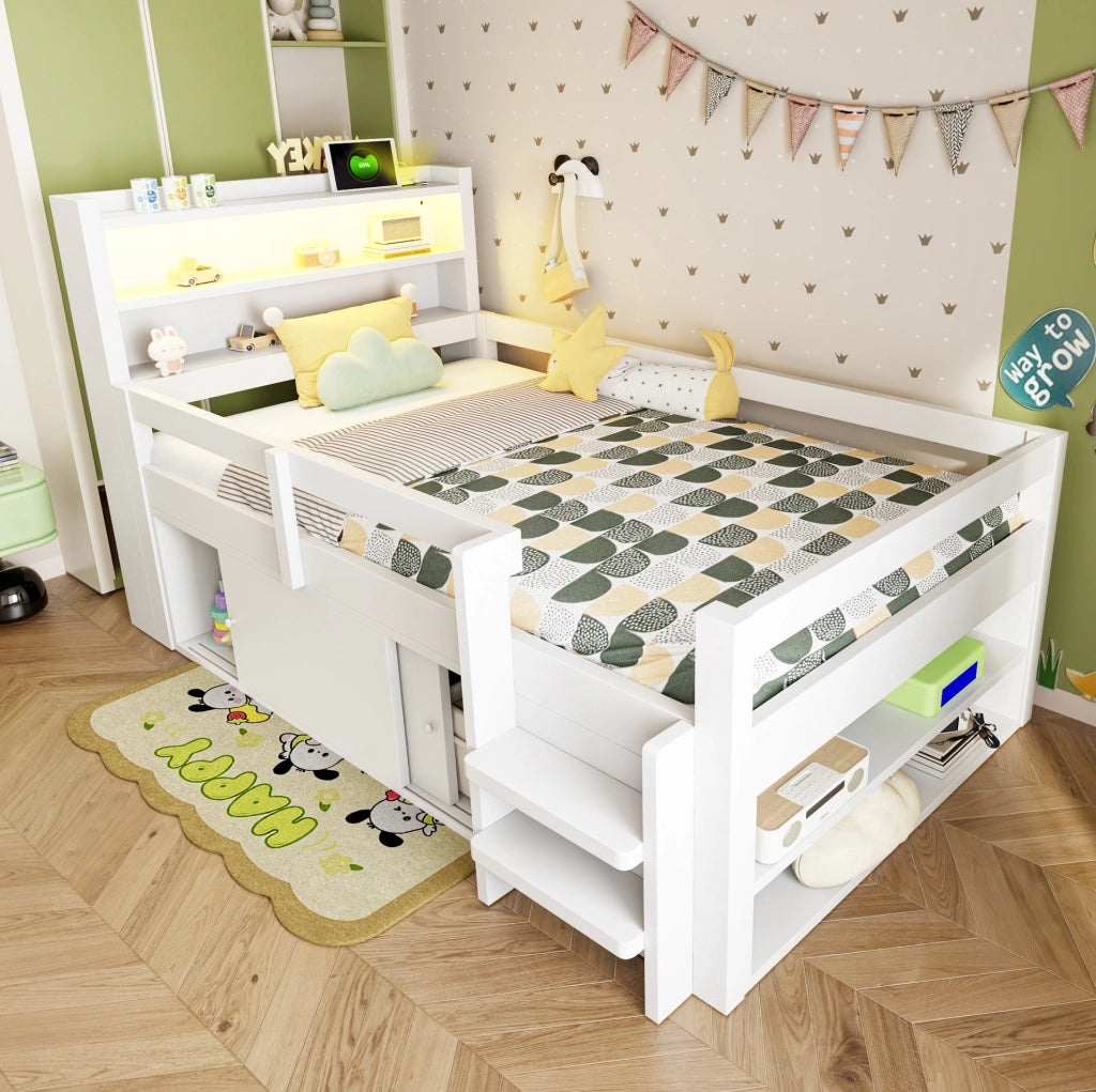 Letto multifunzione per bambini 90x200 cm in legno bianco con LED; USB e vani contenitore