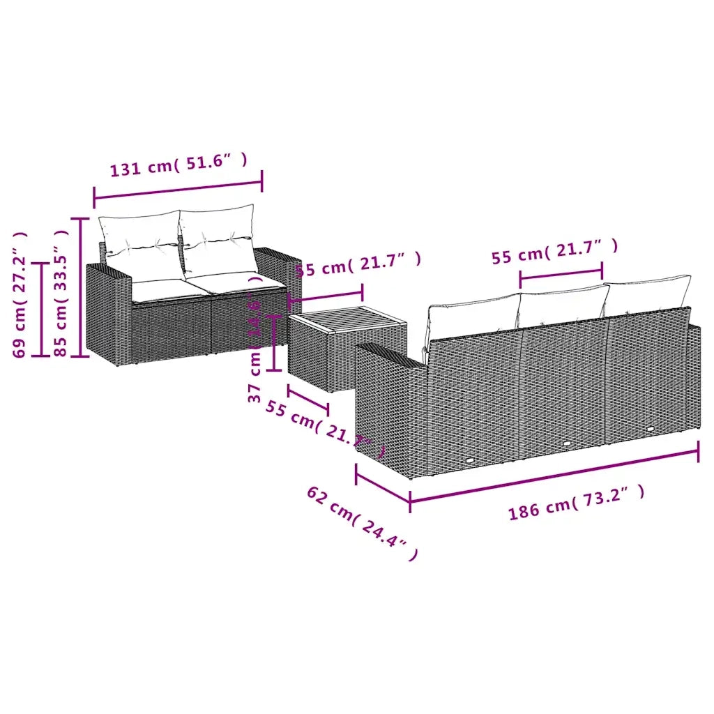 Set Divani da Giardino 6 pz con Cuscini Nero in Polyrattan