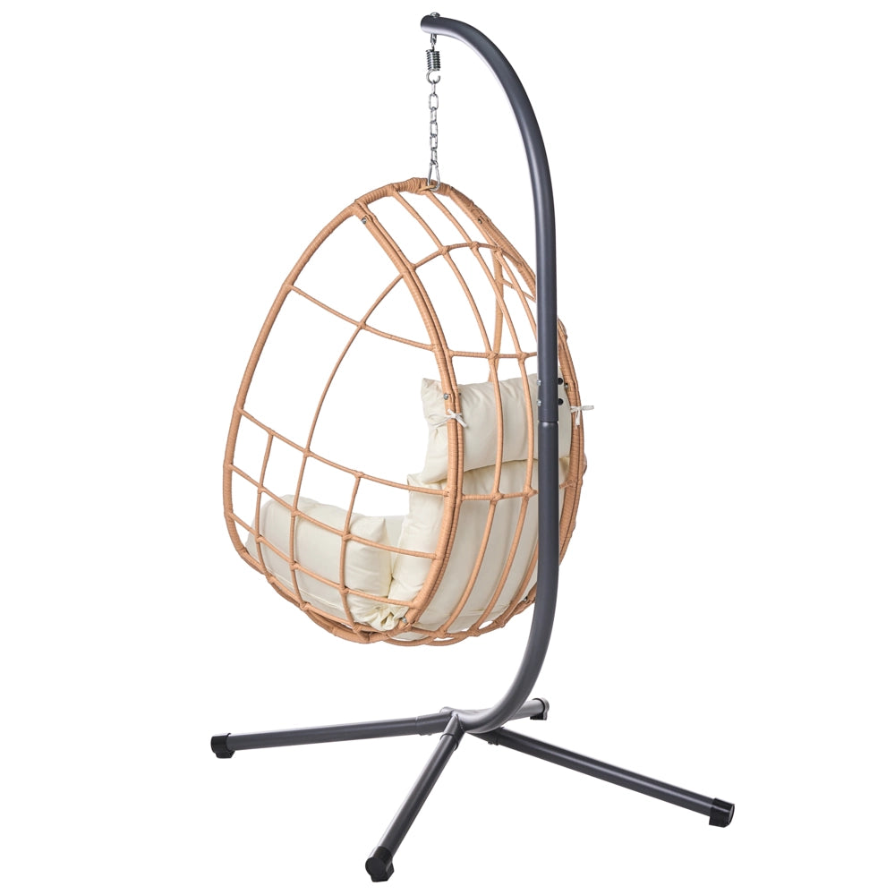 Poltrona a dondolo a uovo in rattan PE naturale con struttura in metallo e morbido cuscino di seduta Stile boho-rustico