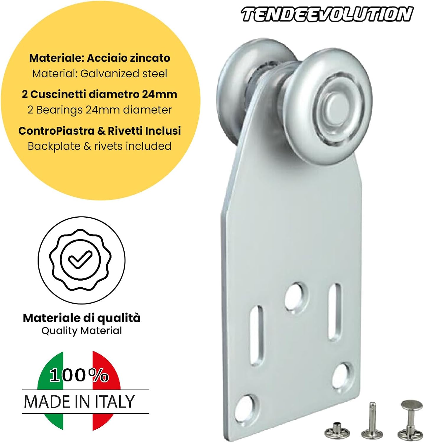 Carrello a 2 Cuscinetti Ø24mm in Acciaio Zincato per Binario Monorotaia MR3 - ControPiastra & Rivetti Inclusi - Ottimale per Mobilità e Durata