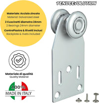 Carrello a 2 Cuscinetti Ø24mm in Acciaio Zincato per Binario Monorotaia MR3 - ControPiastra & Rivetti Inclusi - Ottimale per Mobilità e Durata