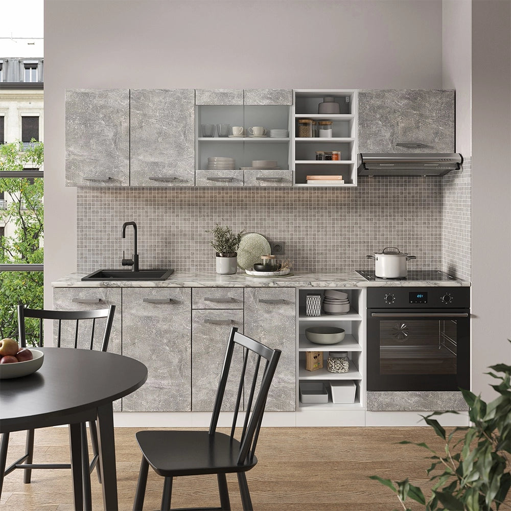Cucina componibile R-Line Calcestruzzo/Bianco 240 cm senza piano di lavoro Vicco