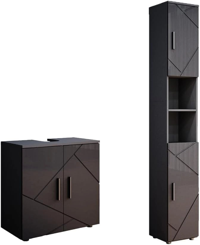 Set di mobili da bagno Irma, Quercia dorata/antracite, 2 parti, con colonna, composto da mobile sottolavabo e colonna alta