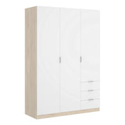 Guardaroba Astru, Mobile appendiabiti per camera da letto, Armadio a 3 ante battenti e 3 cassetti, 121x52h184 cm, Bianco e Rovere