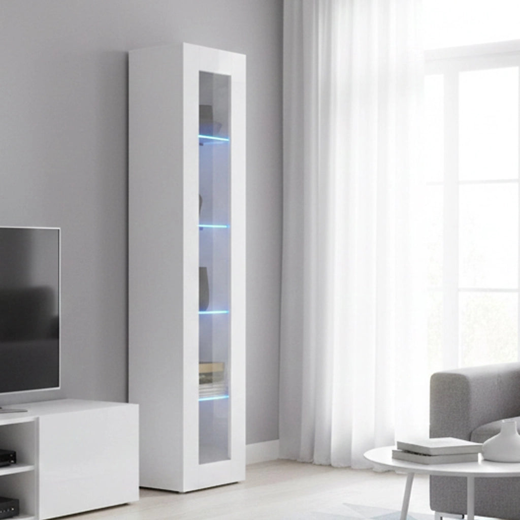 Vetrina a colonna con anta a Aristotele, Made in Italy, con luce LED blu, Credenza con ripiani, Vetrinetta da soggiorno, cm 40x30h180, colore Bianco lucido