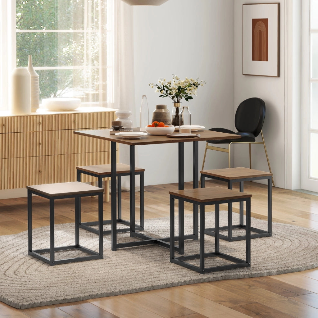 Set 5 Pezzi Sedie Tavolo Sala da Pranzo Moderne in Stile Industriale, Legno e Metallo, Nero e Color Legno