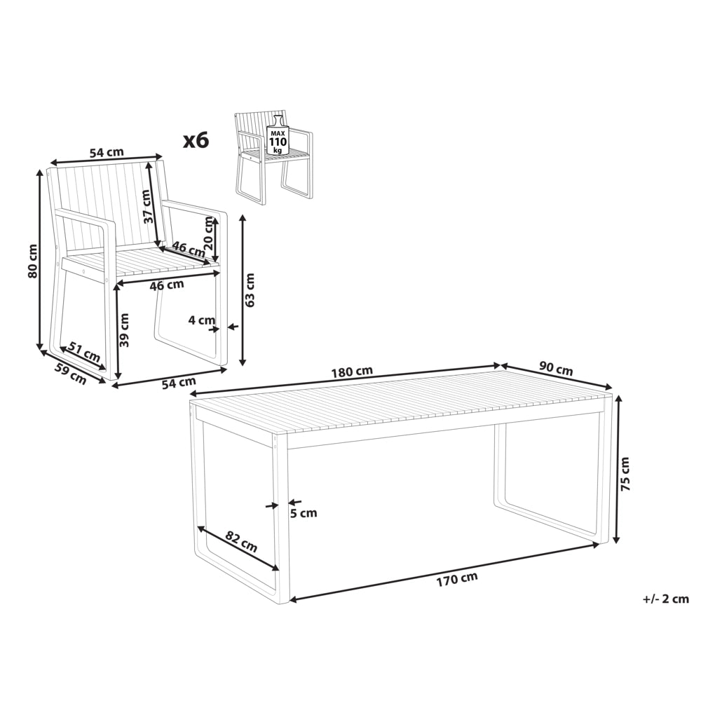 Set da pranzo a 6 posti in legno d'acacia certificato resistente agli agenti atmosferici dal design classico