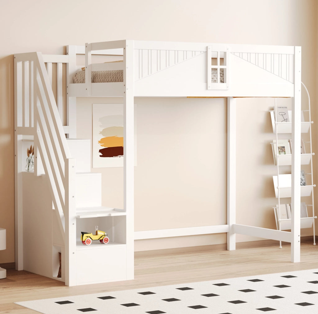 Letto a soppalco in legno massello 90 x 200 cm bianco